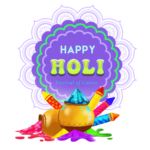 Colorful Happy Holi png with vibrant powders, water balloons,