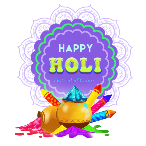 Colorful Happy Holi png with vibrant powders, water balloons,