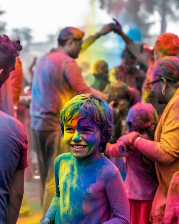A child is playing Holi and he is smiling. Behind him, many people are applying colors to each other and the children in front are smiling and there multiple colors on their faces.